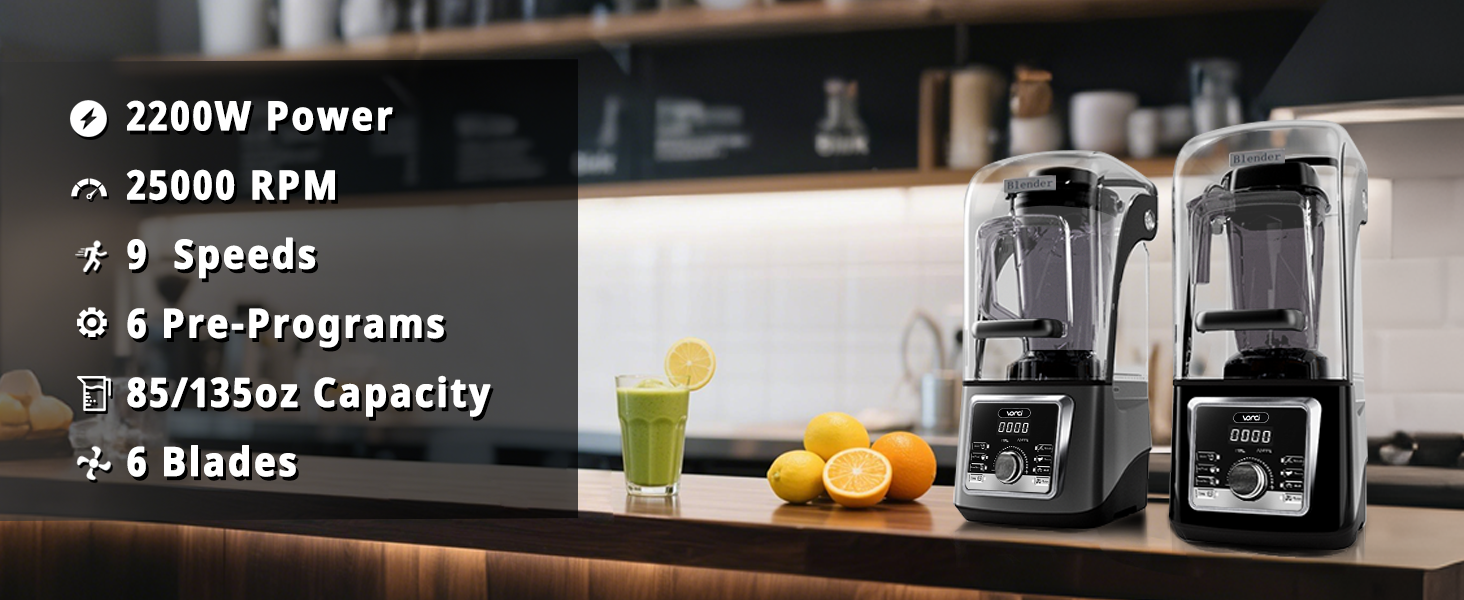 VONCI 2200W Commercial Blender With Sound Enclosure and 85OZ Large Capacity （black model）