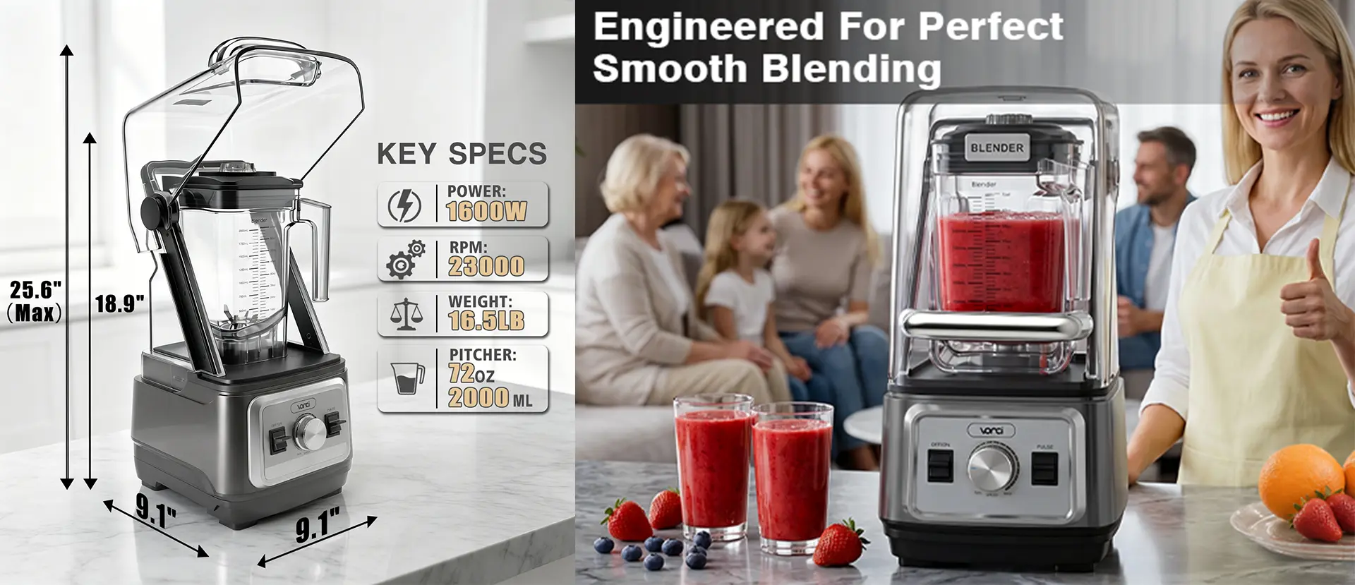 VONCI 72OZ Commercial Blender With 6MM Thickened Shield